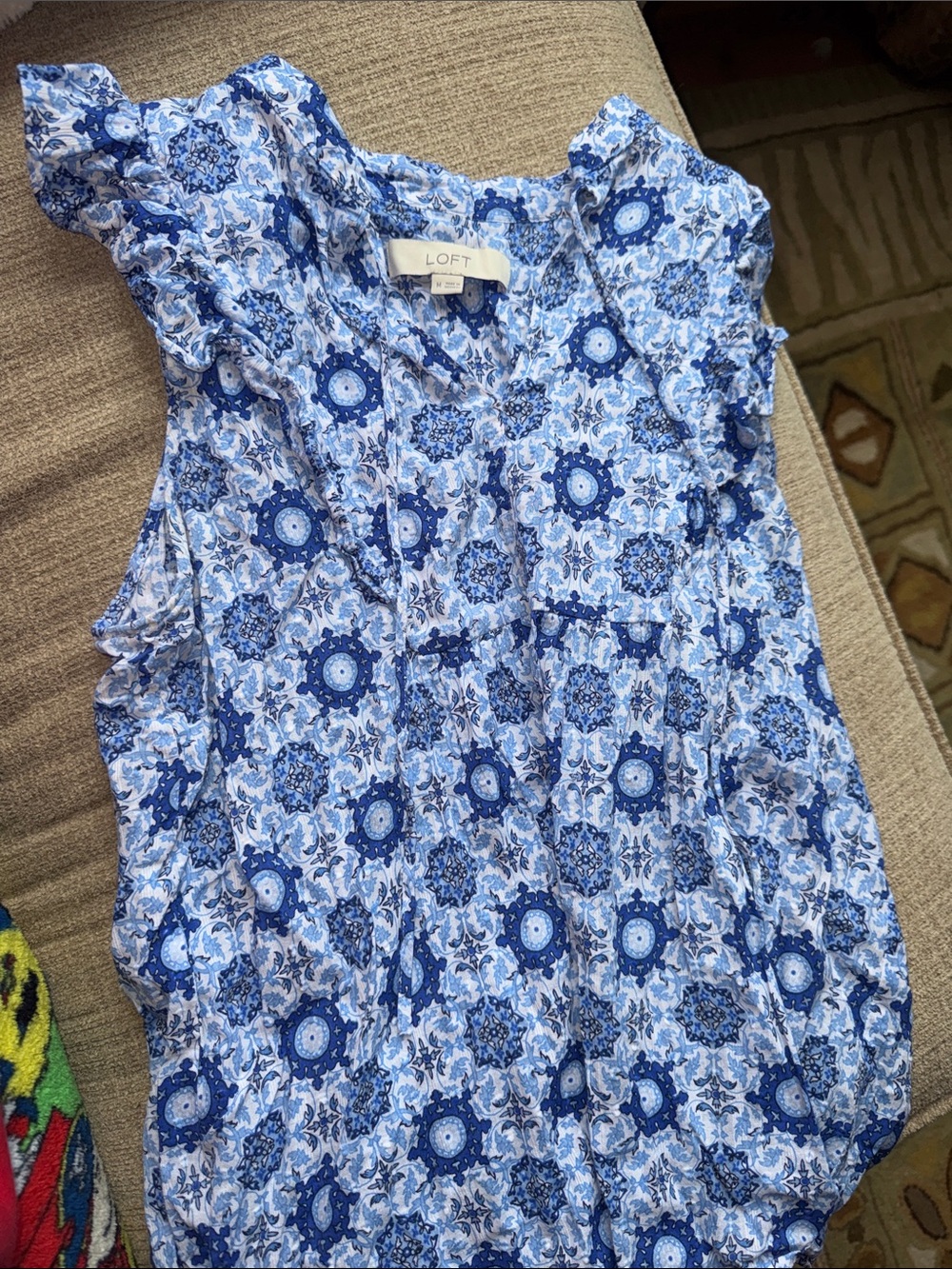 LOFT Blue and White Floral Ruffled V-Neck Tank Blouse